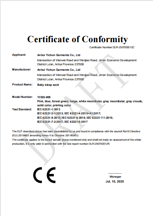 Baby Sleep Sack Manufacturer Product Certificate