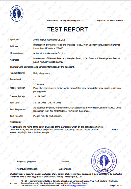 Baby Sleep Sack Manufacturer Product Certificate